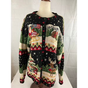 Women's Tiara International Black Green Christmas Cardigan L